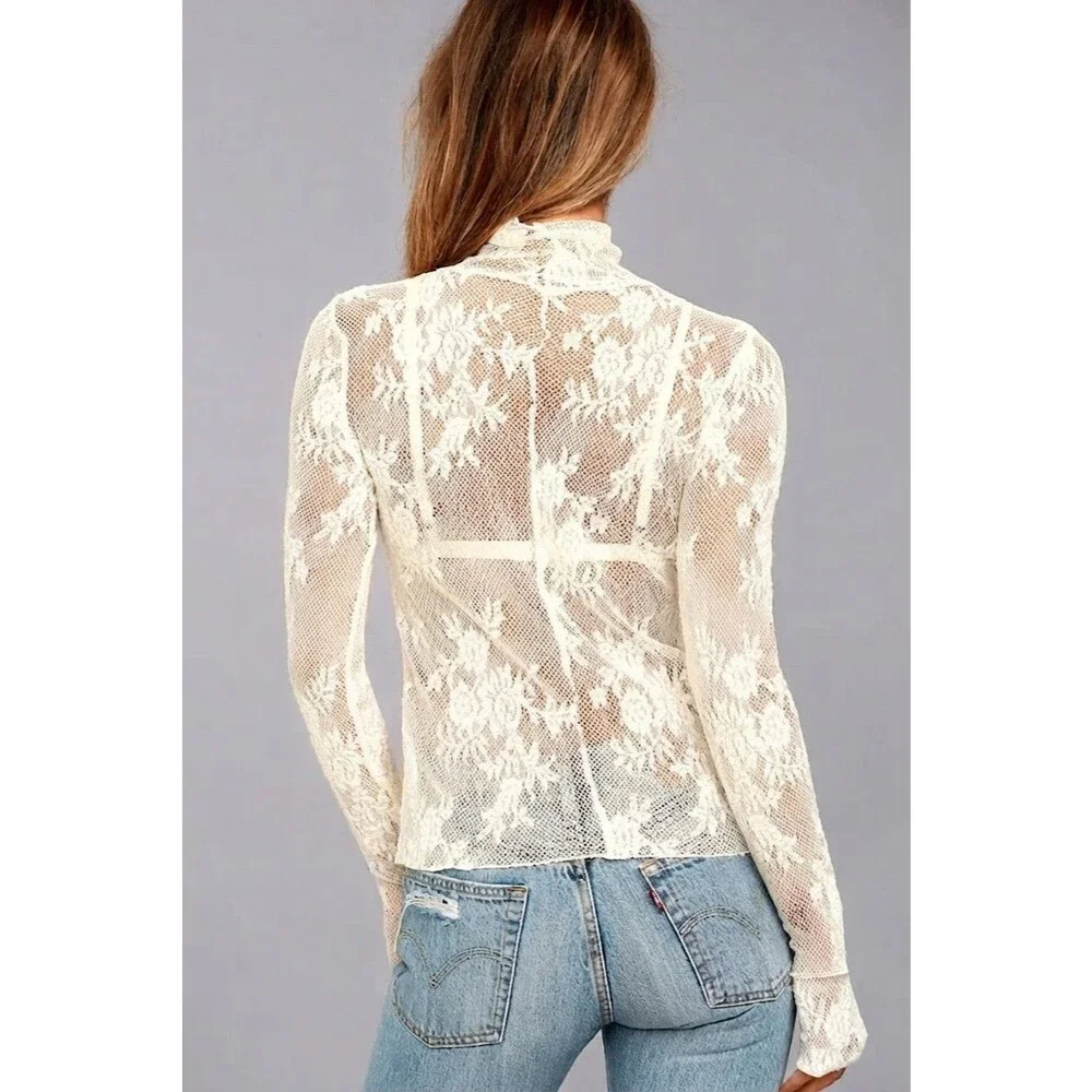 Free People Intimately Sweet Secrets Lace Turtleneck Top Ivory Cream Size XL